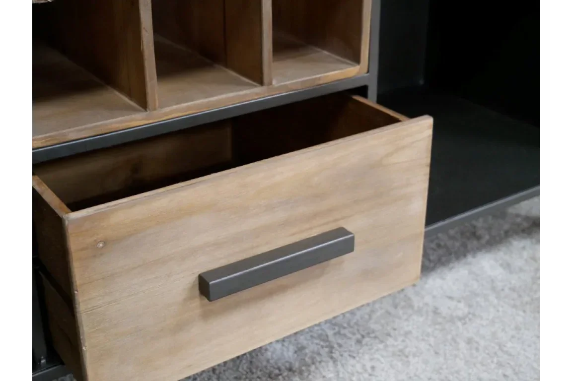 Light wood furniture drawer with metal handle and open storage compartments above