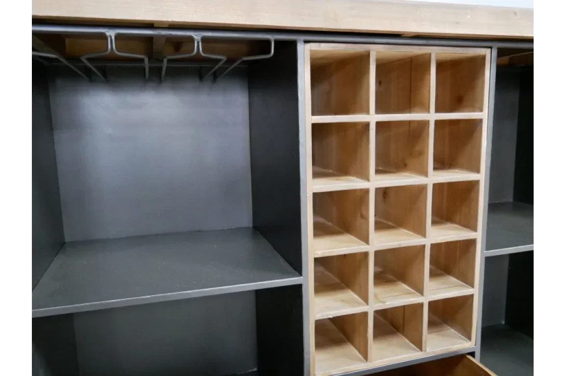 Wood and metal sideboard with wine rack, glass holders, and open shelf storage compartments