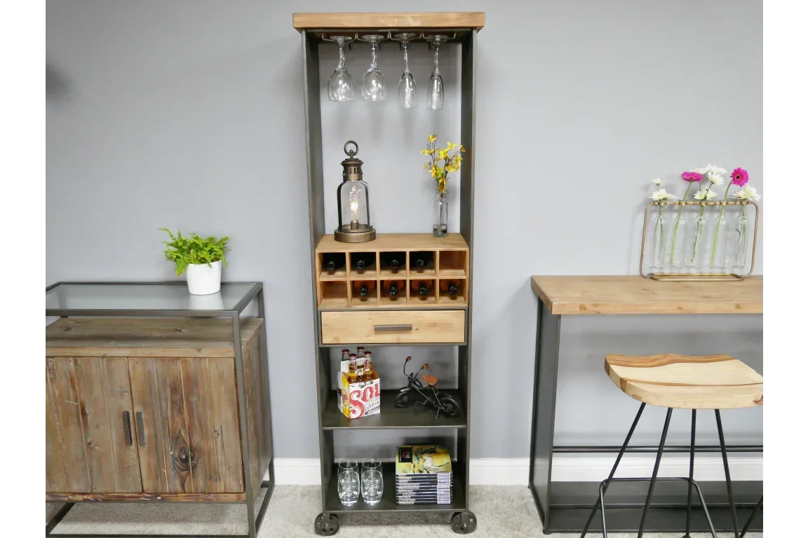 Industrial wood and metal bar cabinet with wine rack, shelves, glass holders and storage drawer