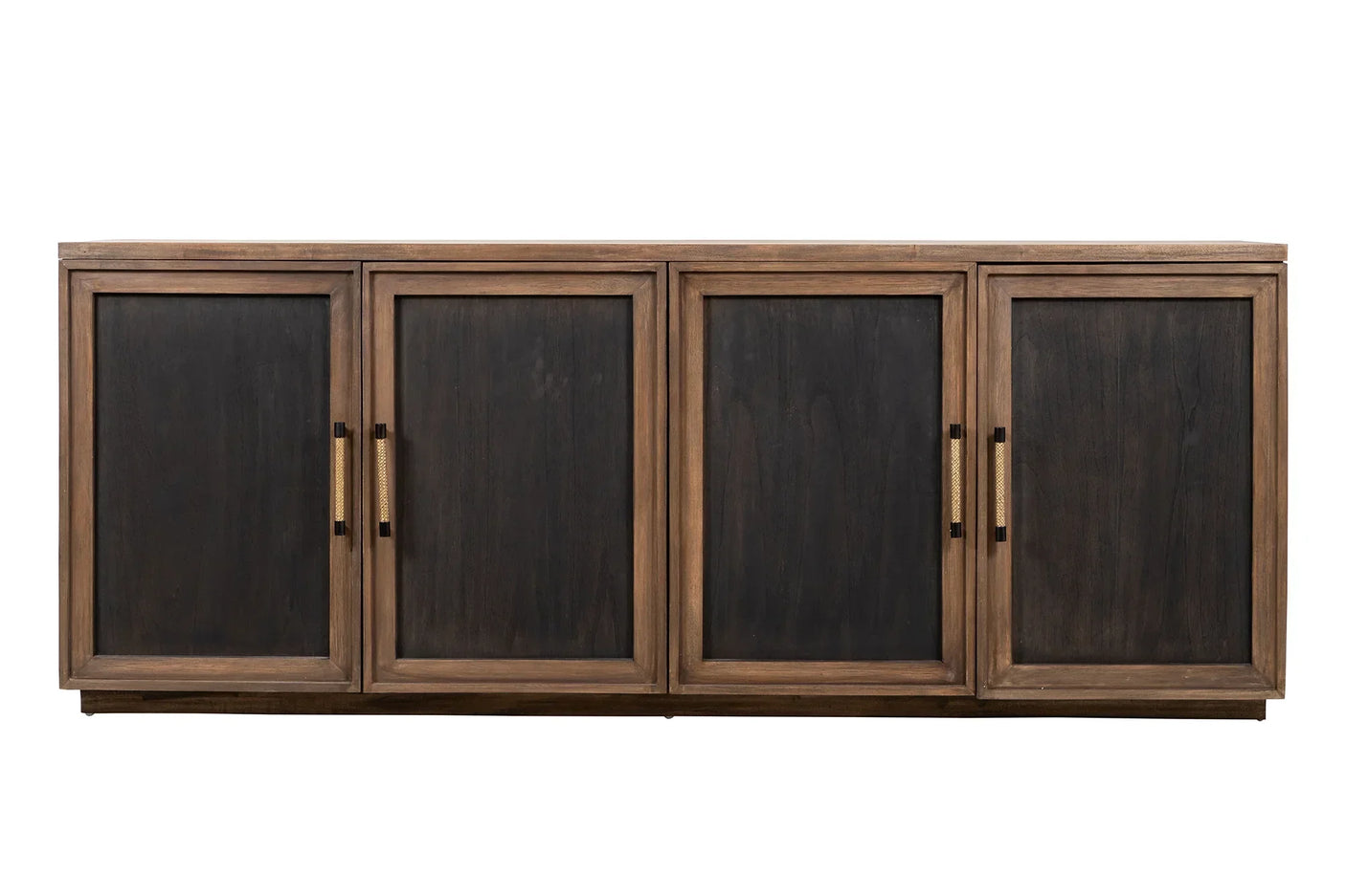 Four-door wooden sideboard with dark panels and gold handles, front view