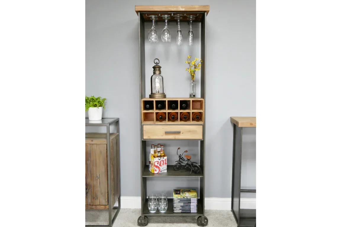 Industrial wood and metal drinks cabinet with wine rack, hanging glasses, and open shelving