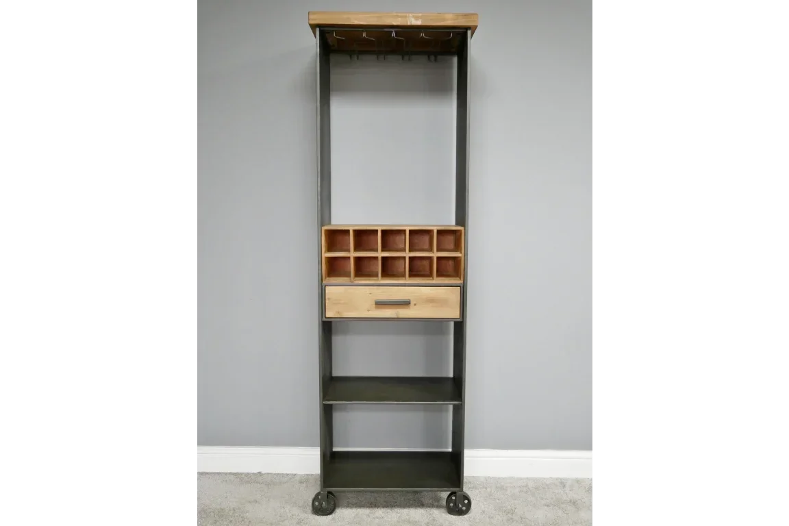 Industrial style hallway storage unit with hooks, wooden drawer, shelves, and cubby compartments