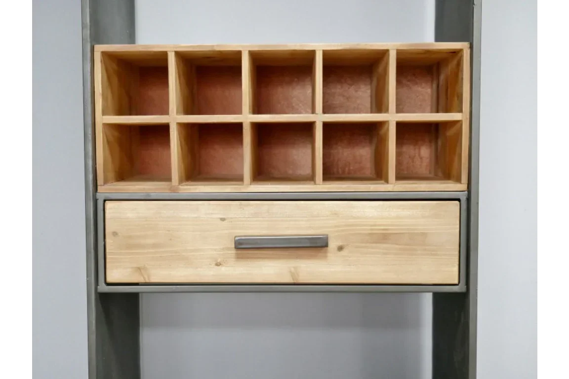 Wooden storage unit with nine open cubby holes and a single drawer with metal handle