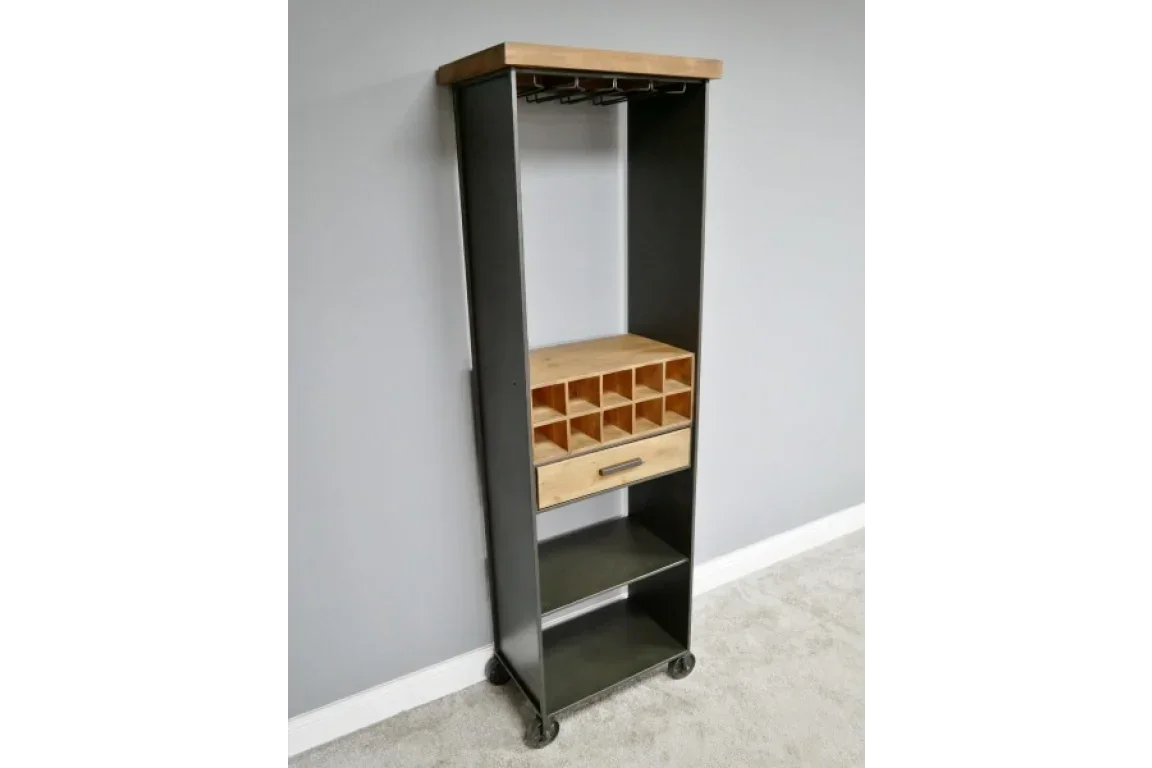 Industrial bar cabinet with wine rack, drawer, shelves and hanging glass holder on wheels