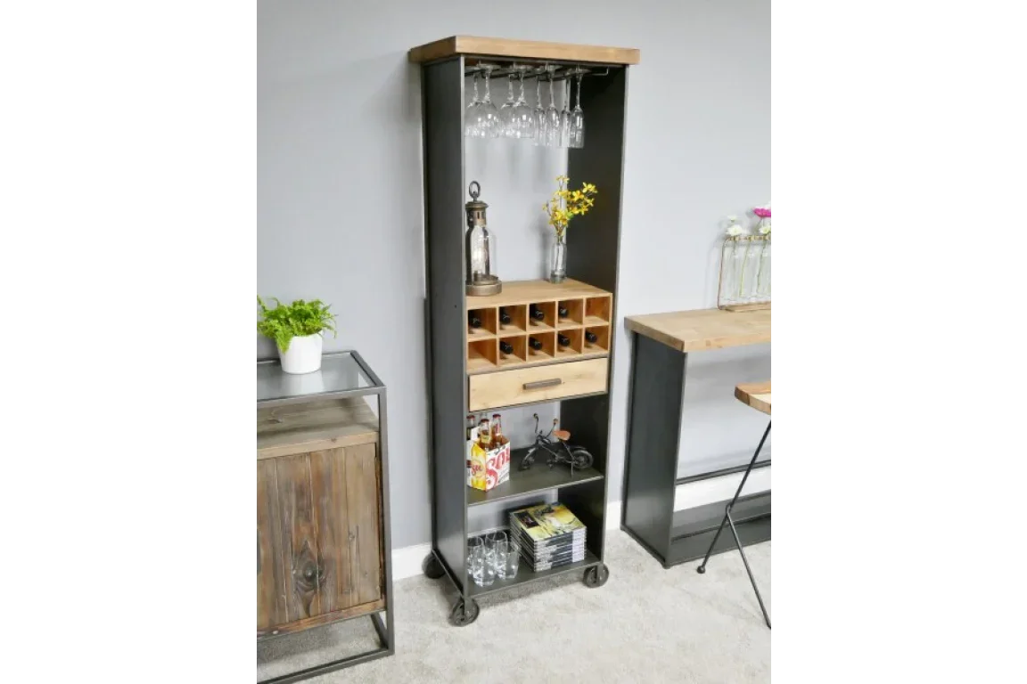 Industrial tall bar cabinet with wine rack, glass holder, wooden shelves and metal frame