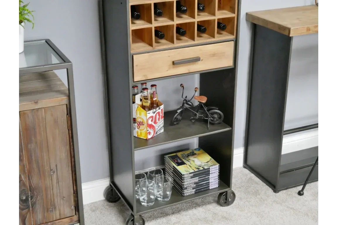 Industrial metal and wood drinks cabinet with wine rack, bottle shelf, drawer, and magazines