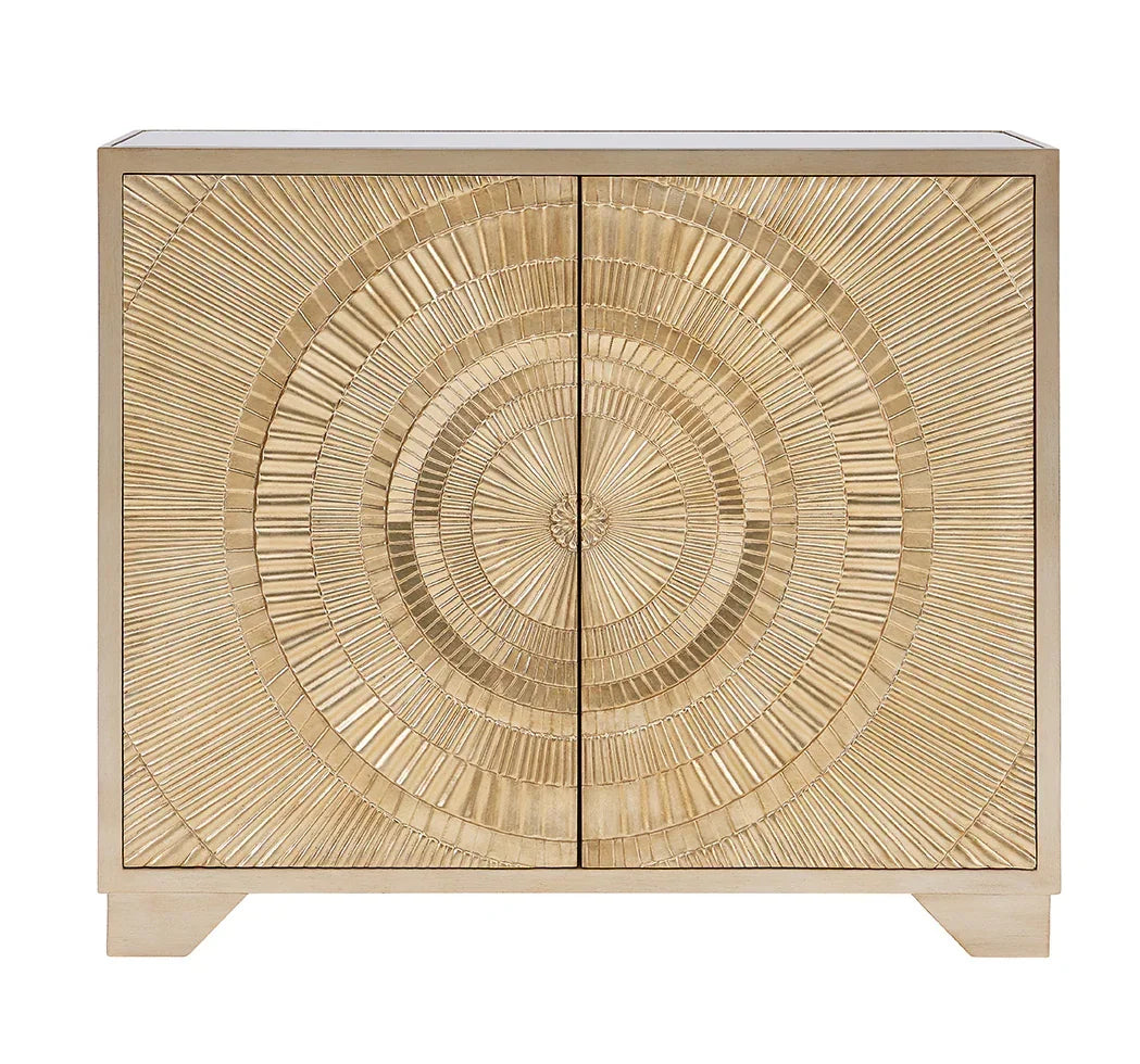 Gold textured sideboard with geometric sunburst pattern on doors, front view