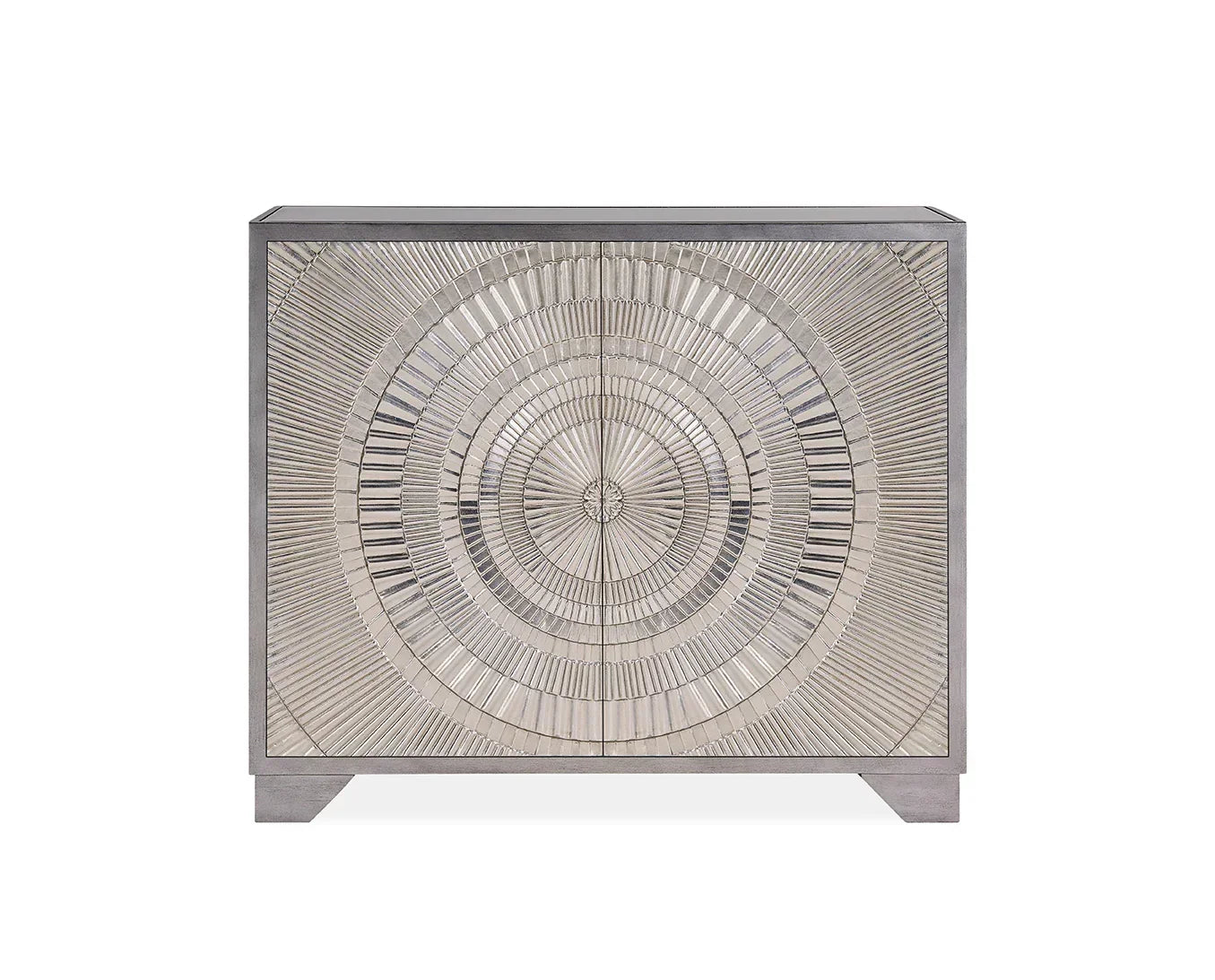 Contemporary sideboard cabinet with silver sunburst mirrored front and clean rectangular frame