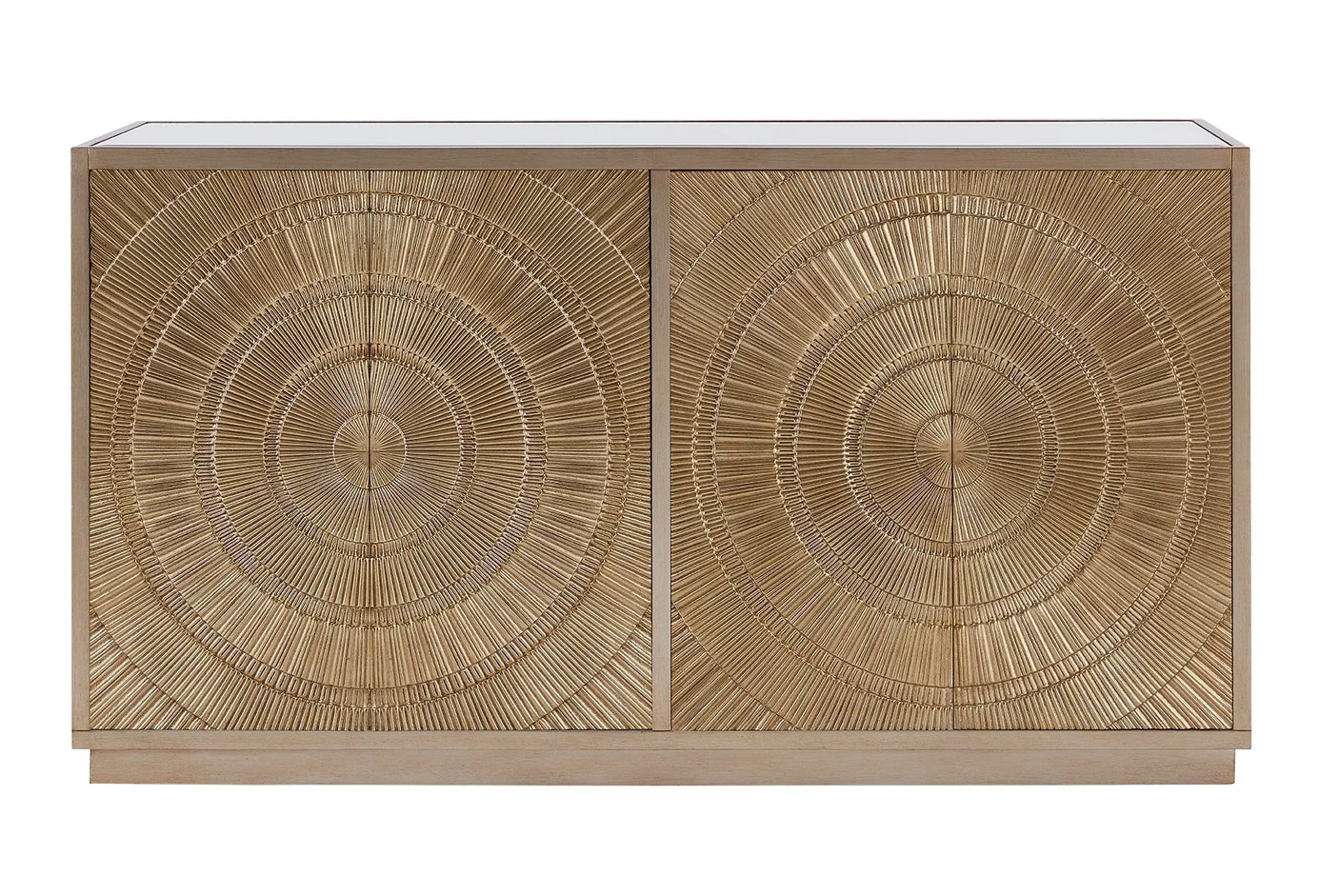 Wooden sideboard with circular carved pattern on double doors, modern gold finish cabinet