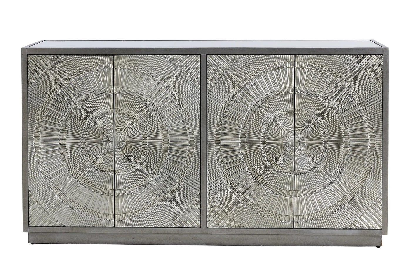 Silver sideboard with textured sunburst pattern doors and contemporary metal frame