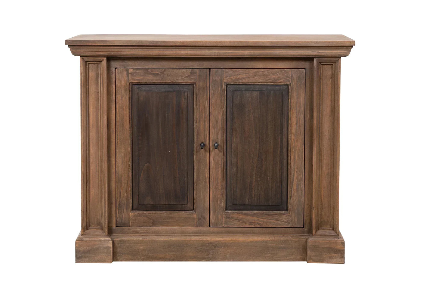 Rustic wooden sideboard with two paneled doors and chunky frame, front view