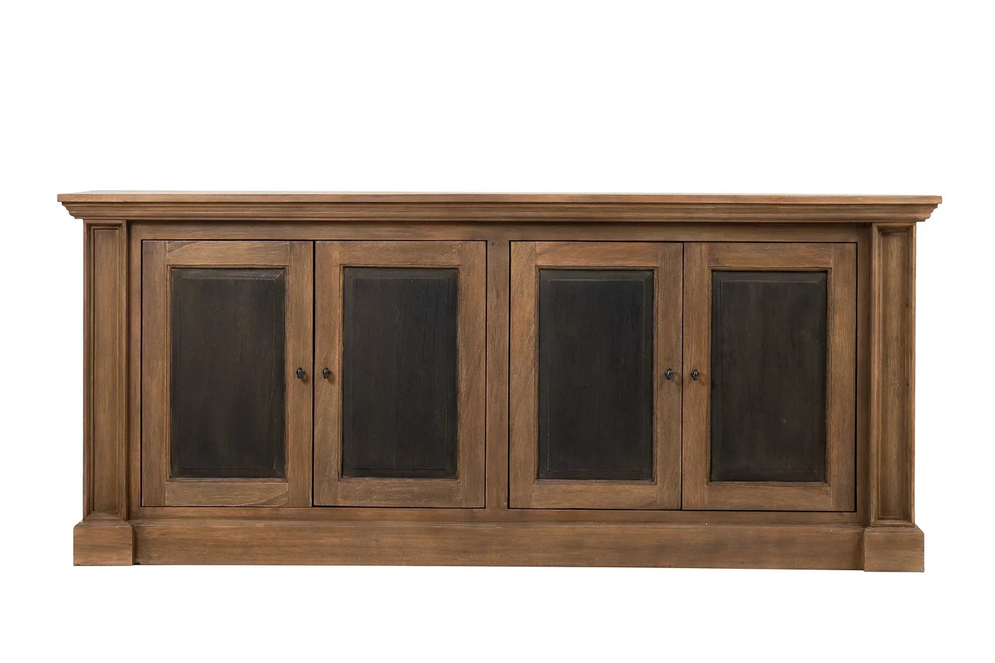 Oak wood sideboard with four doors and dark central panels, front view
