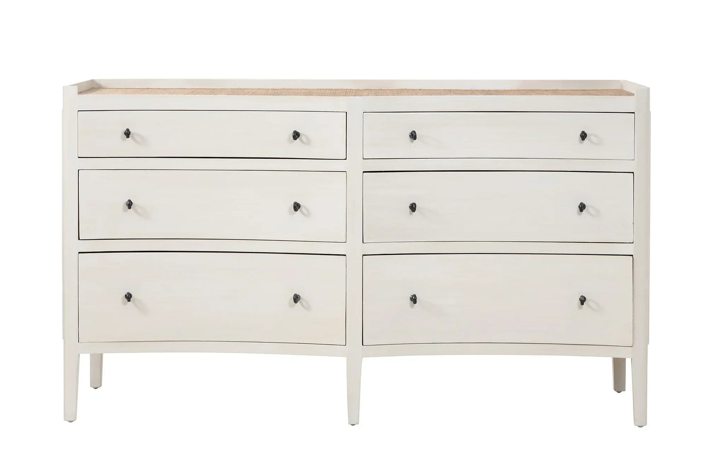 White wooden chest of drawers with six black knob handles and natural wood top