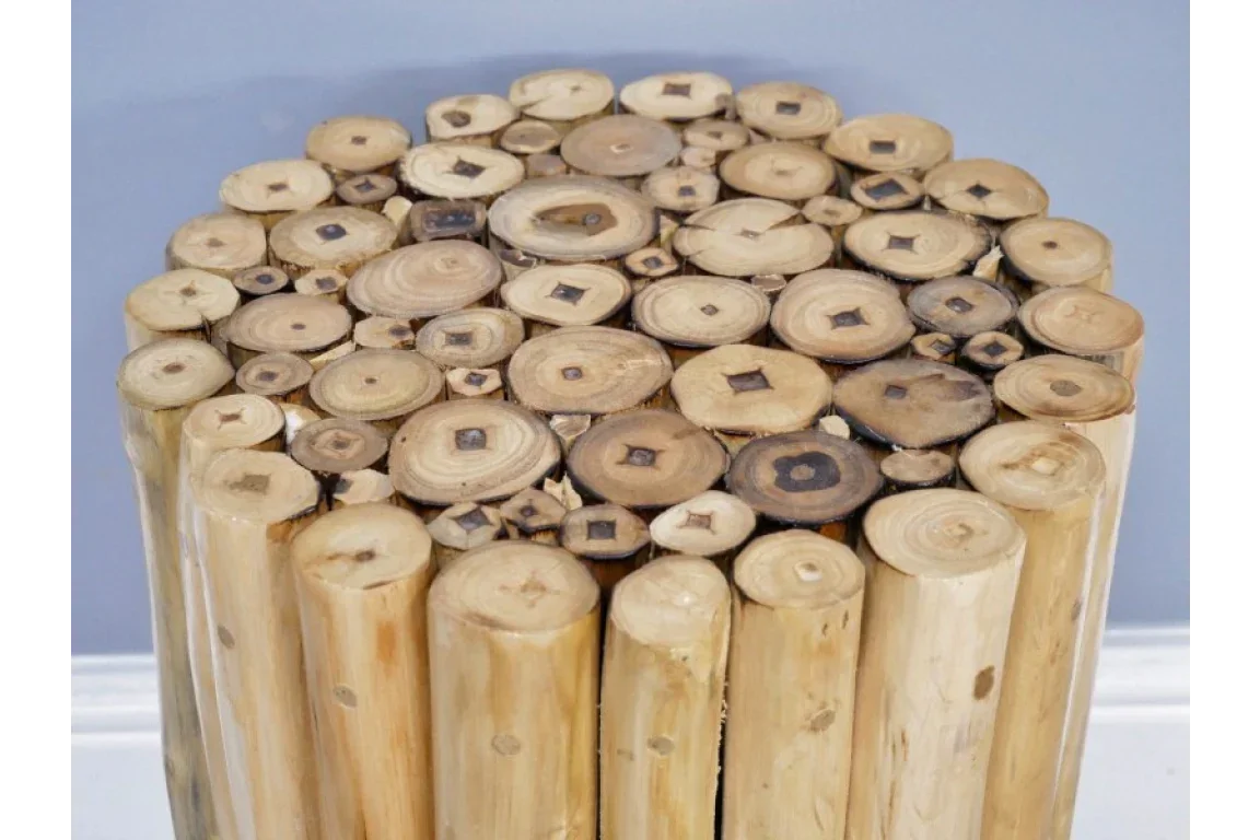 solid wood side table with natural log slices stacked vertically, detailed top view