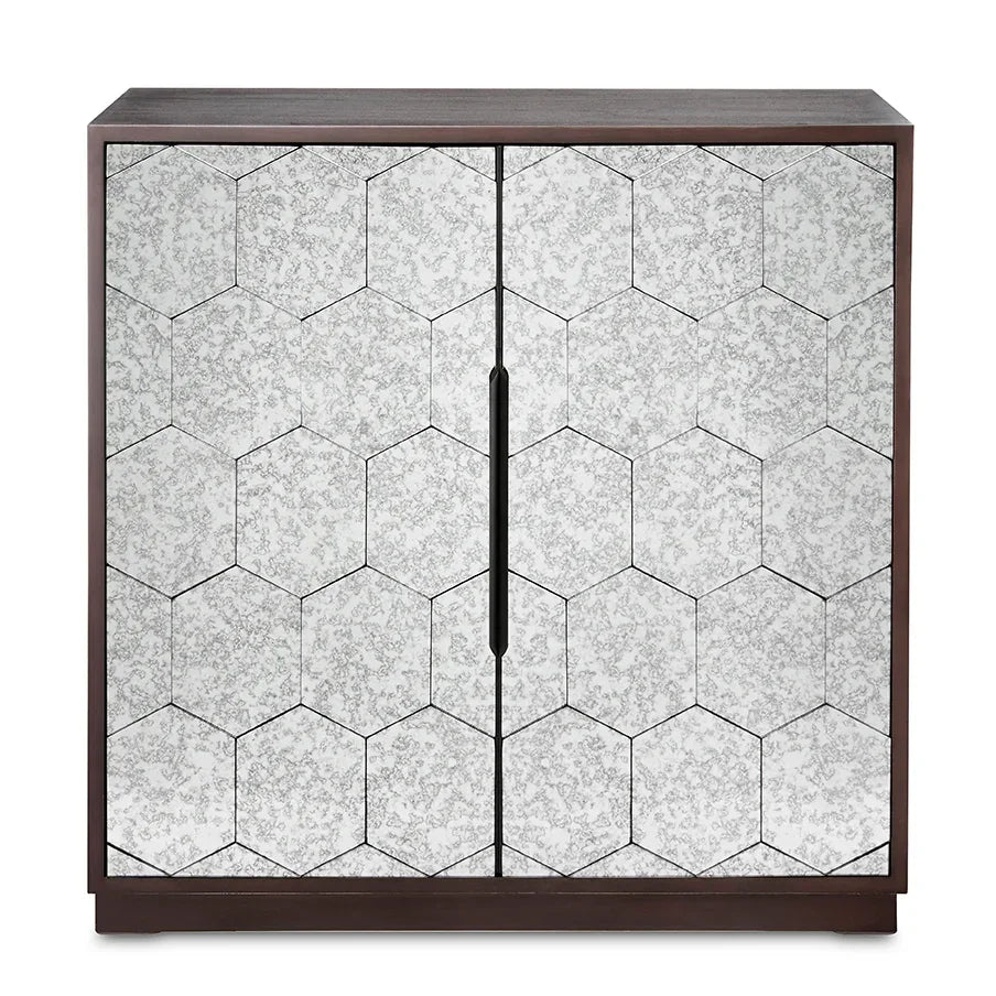 Modern storage cabinet with hexagonal mirrored doors and dark wood frame