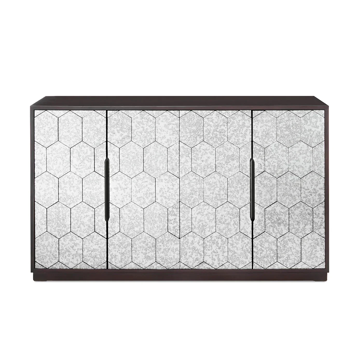Modern sideboard with mirrored hexagon pattern and black handles, front view