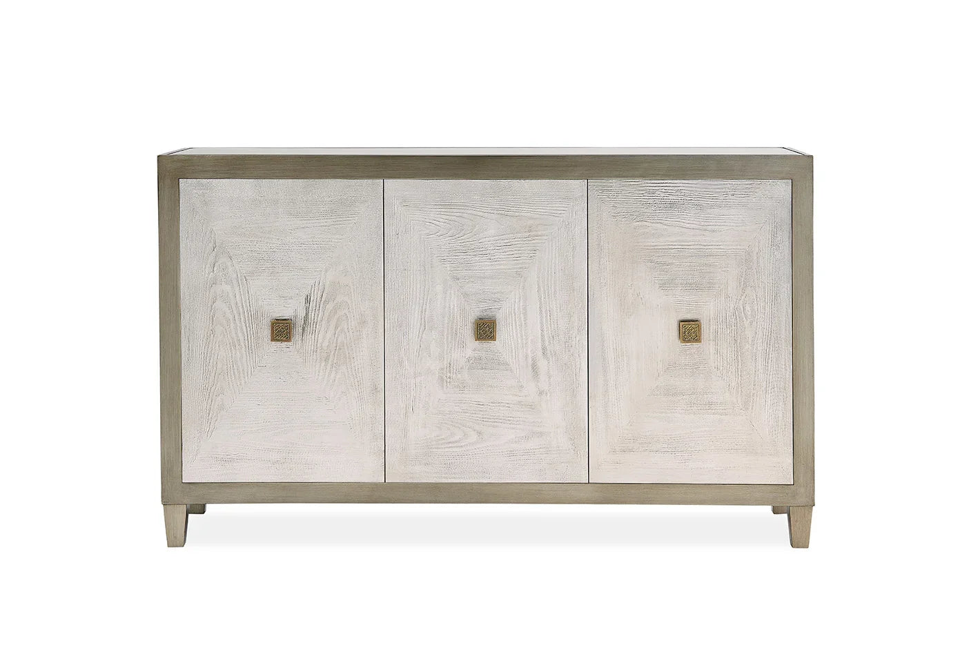 Three-door light wood sideboard cabinet with square handles and textured panel detail
