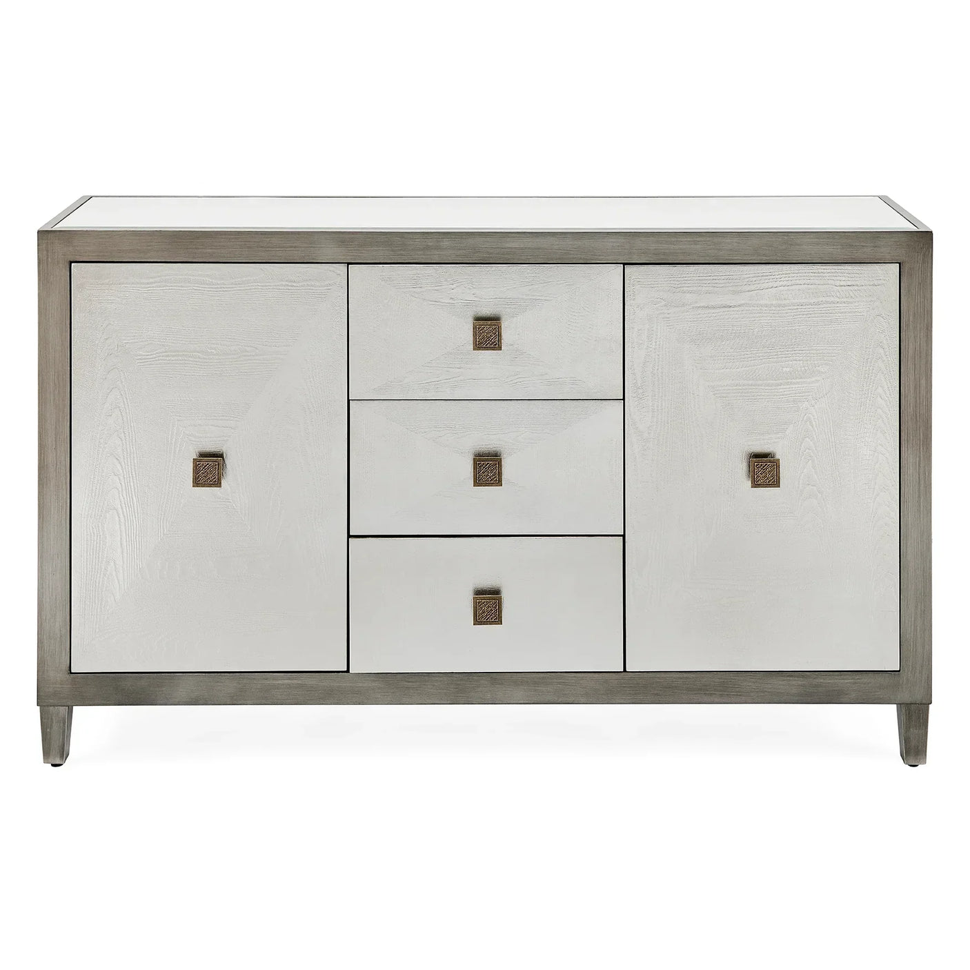 Modern sideboard with white wooden finish, three central drawers, and metallic handles