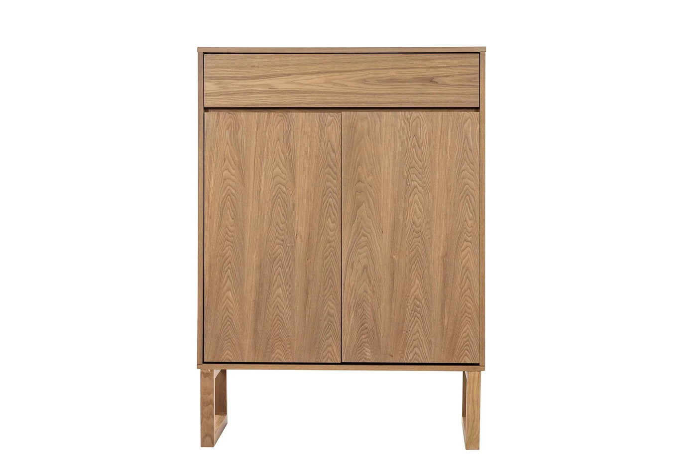 Modern oak wooden cabinet with two doors and single top drawer, front view