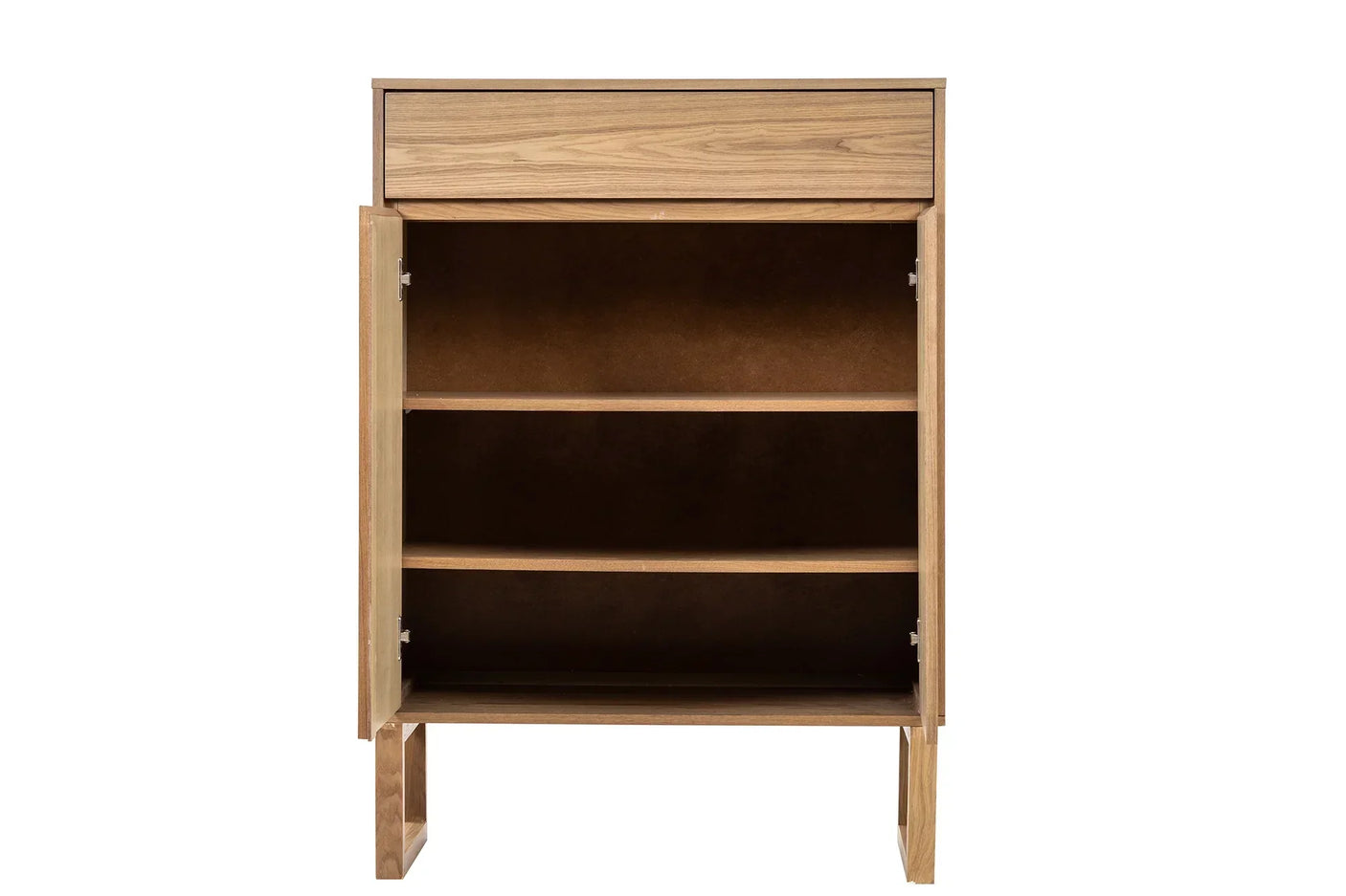 Wooden storage cabinet with open double doors, two interior shelves and top drawer