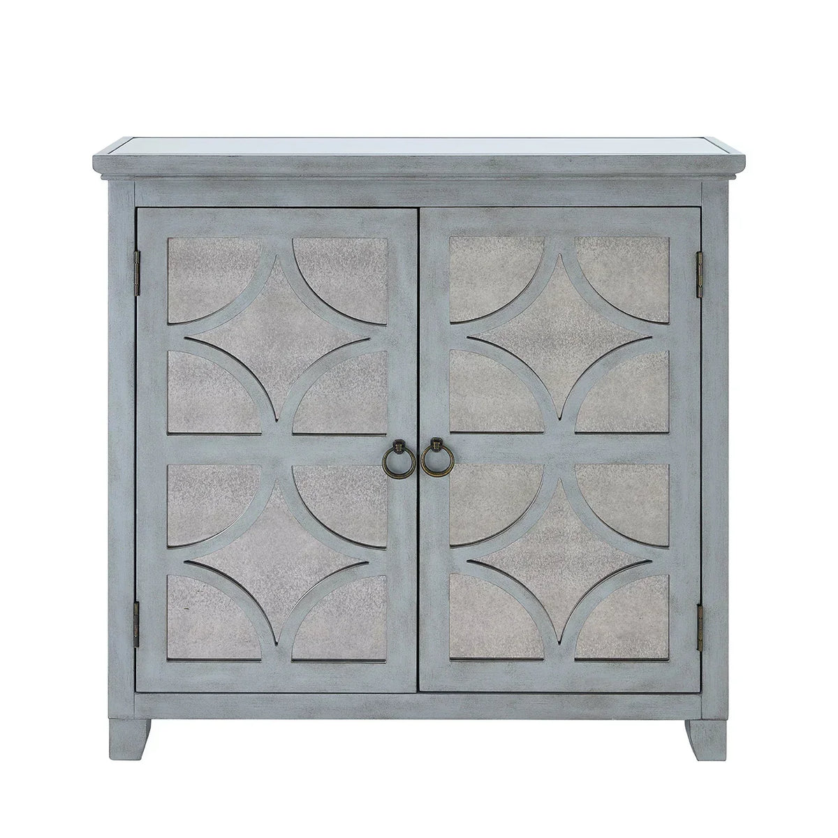 Grey wooden sideboard with two doors and geometric panel design, front view