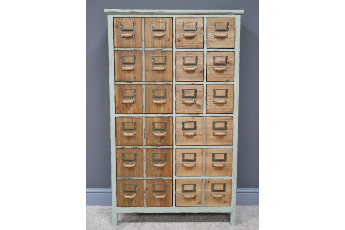 Vintage wooden storage cabinet with 20 drawers and metal label holders