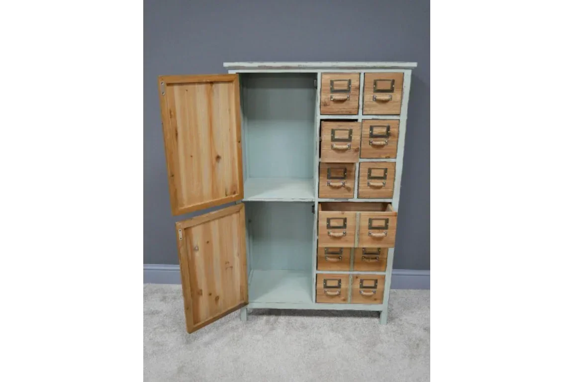 Wooden storage cabinet with twelve small drawers and two open cupboard doors