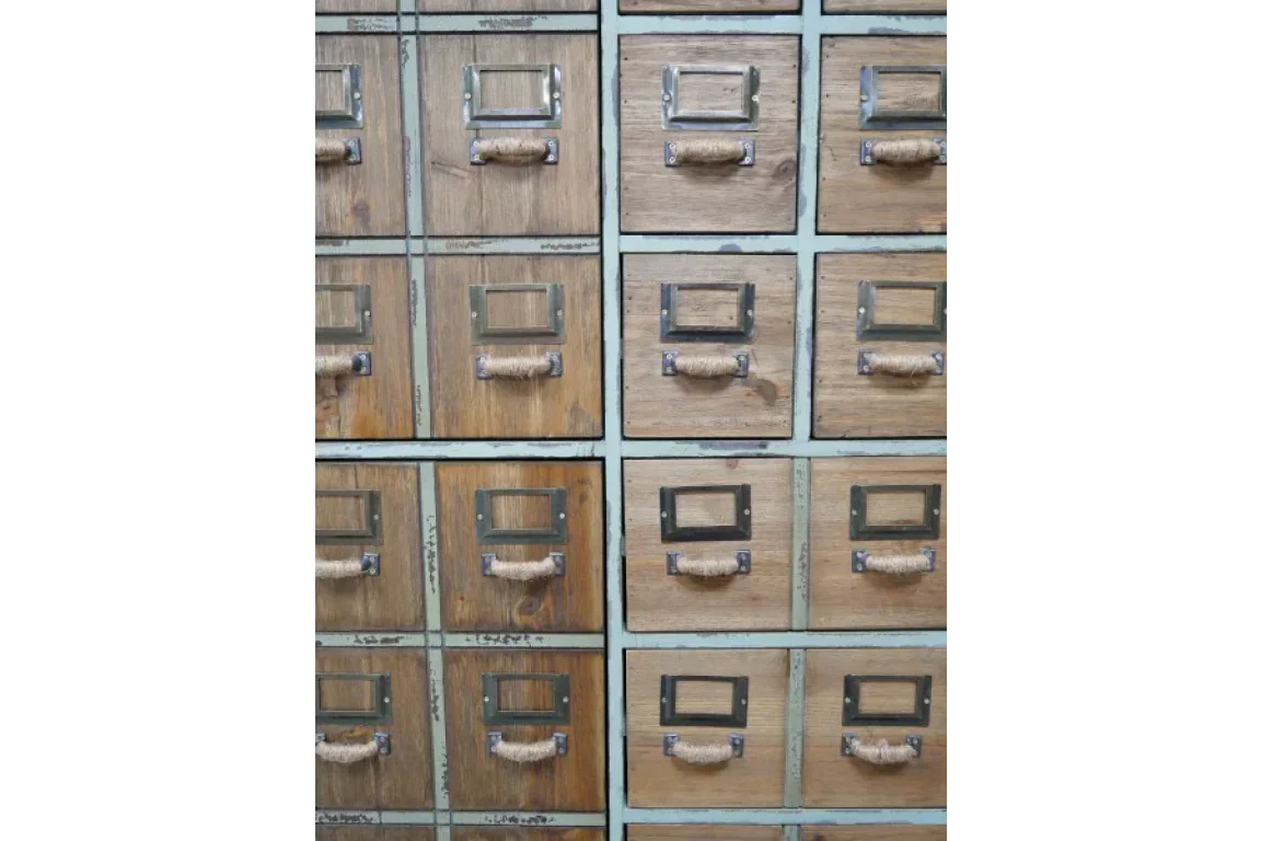 Vintage wooden storage cabinet with multiple drawers and rope handles