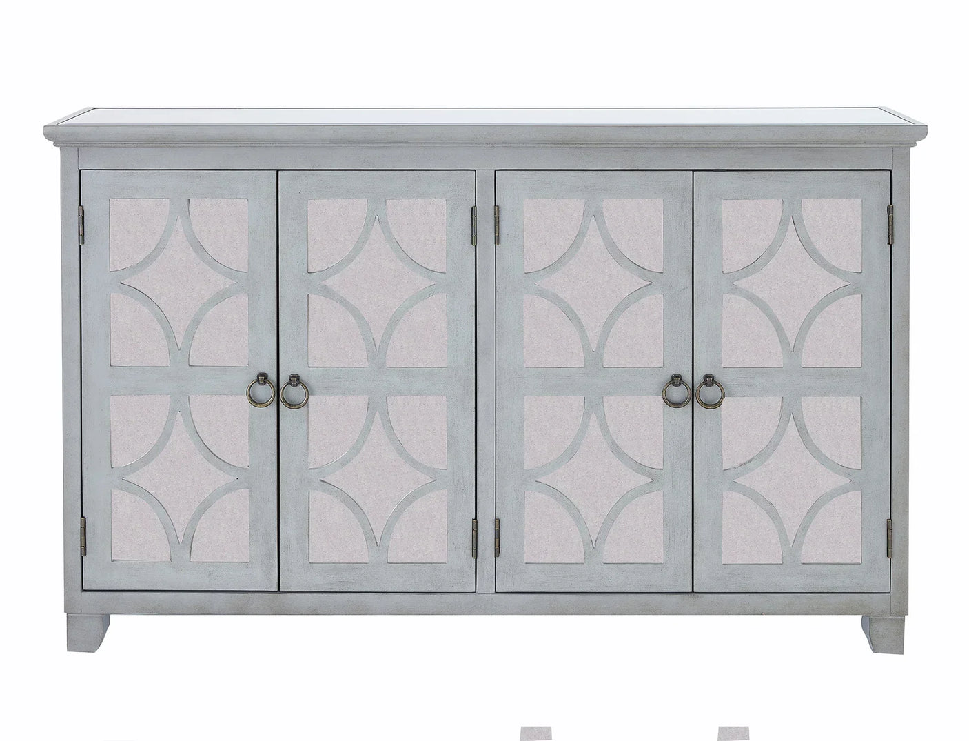 Grey wooden sideboard with four doors and geometric panel design, ring handles on each door