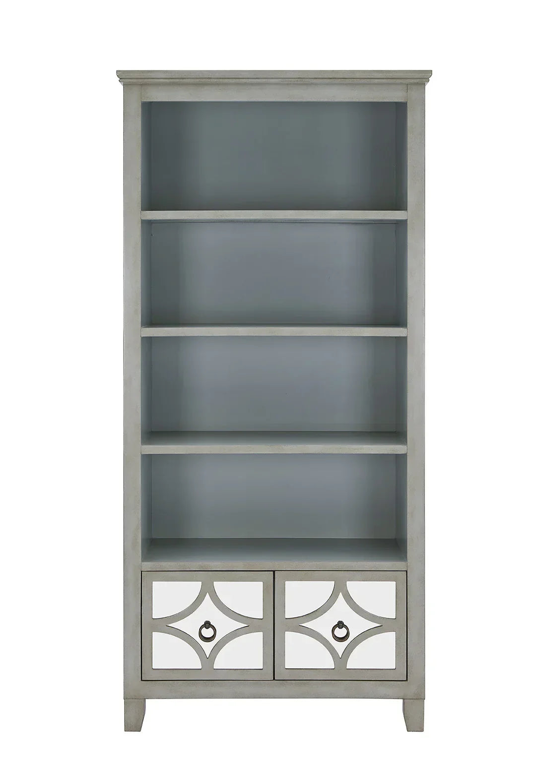 Grey wood bookcase with four shelves and two mirrored drawers featuring ring handles