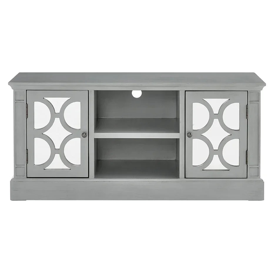 Grey wooden TV unit with two patterned glass doors and open shelves for media storage