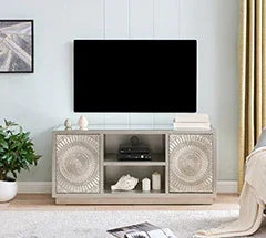 Modern TV unit with circular textured doors and open shelves in living room setting