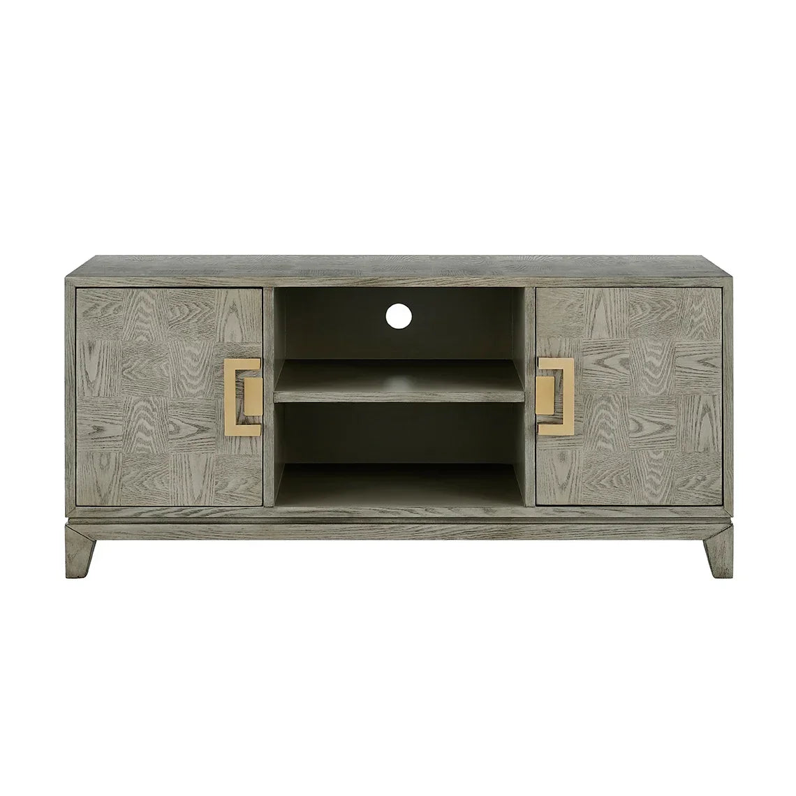 Grey wooden TV stand with gold handles, two cabinets, and open center shelves