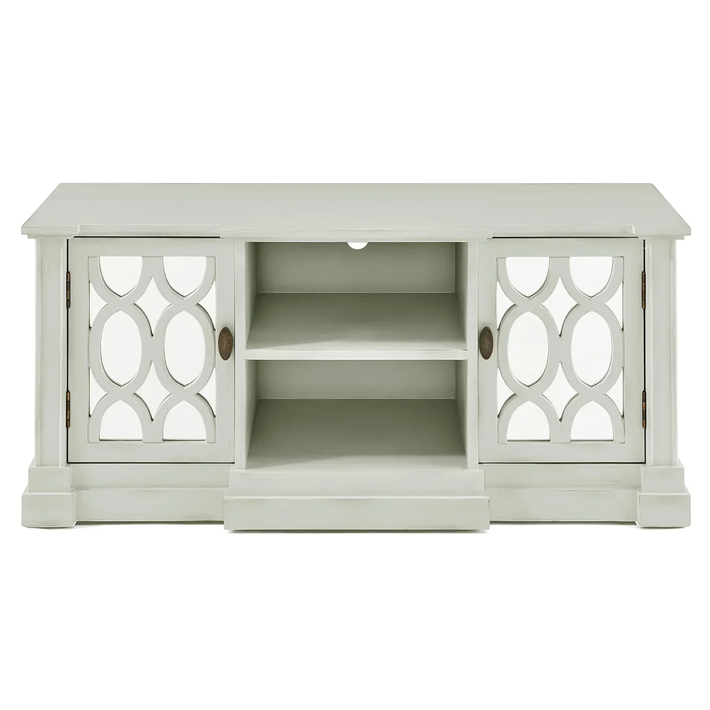 White TV unit with decorative glass cabinet doors and open central shelves