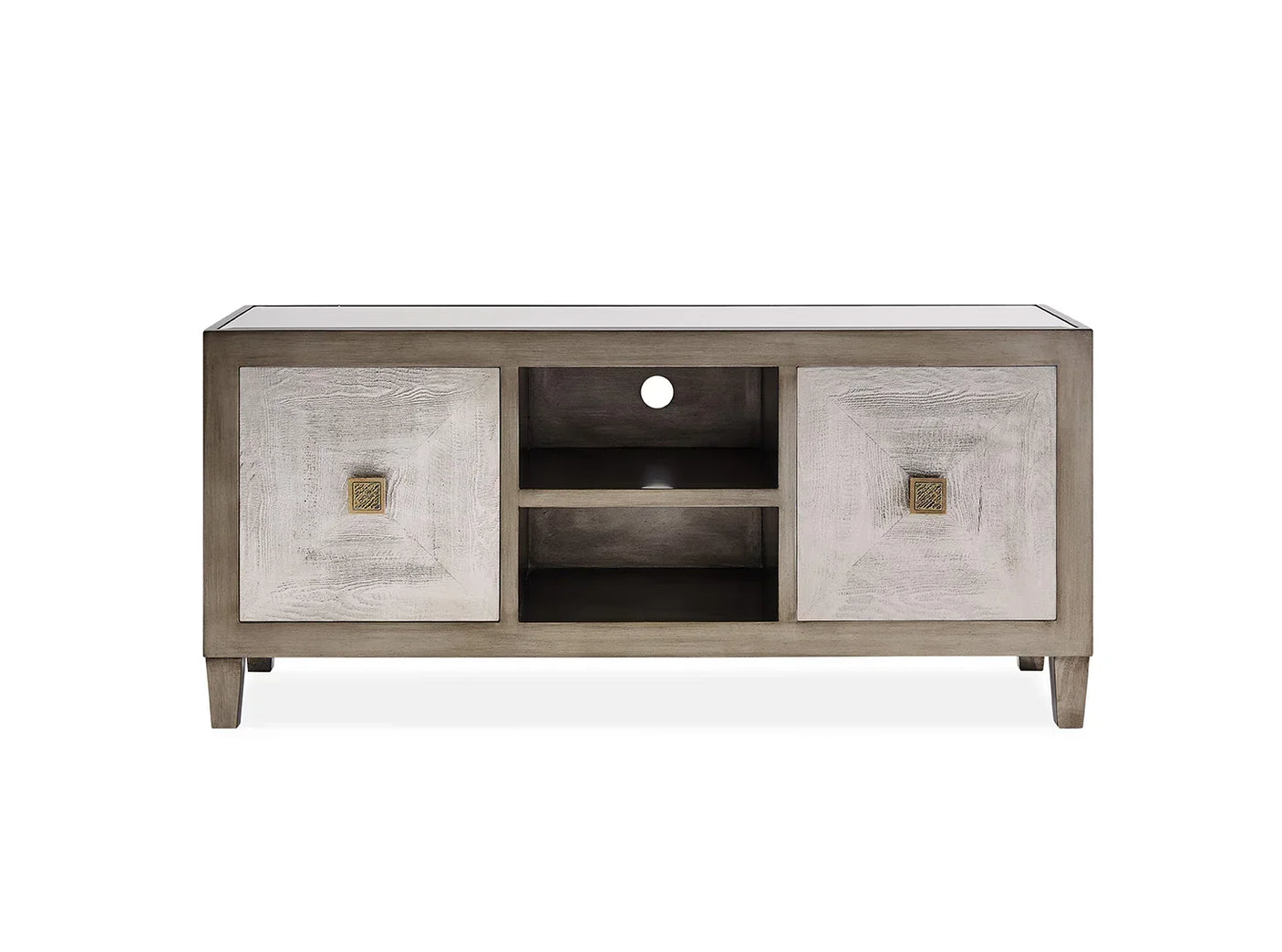 Grey wooden TV unit with two cabinets, open shelves, and brass square handles
