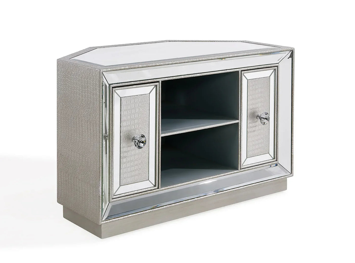 Mirrored corner cabinet with crystal knobs, two doors and central open shelves