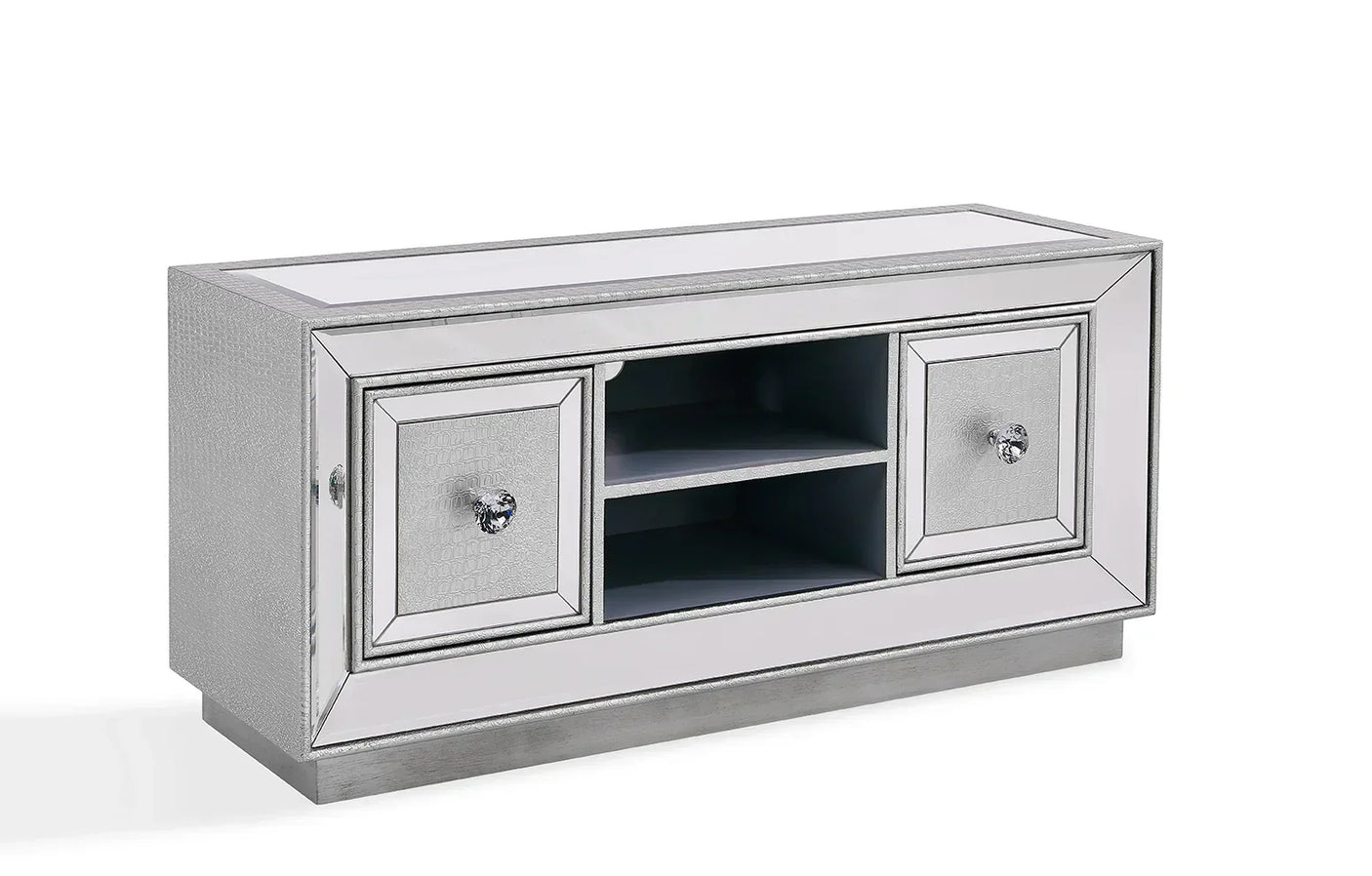Mirrored TV unit with crystal handles, two doors, and open shelving in silver finish