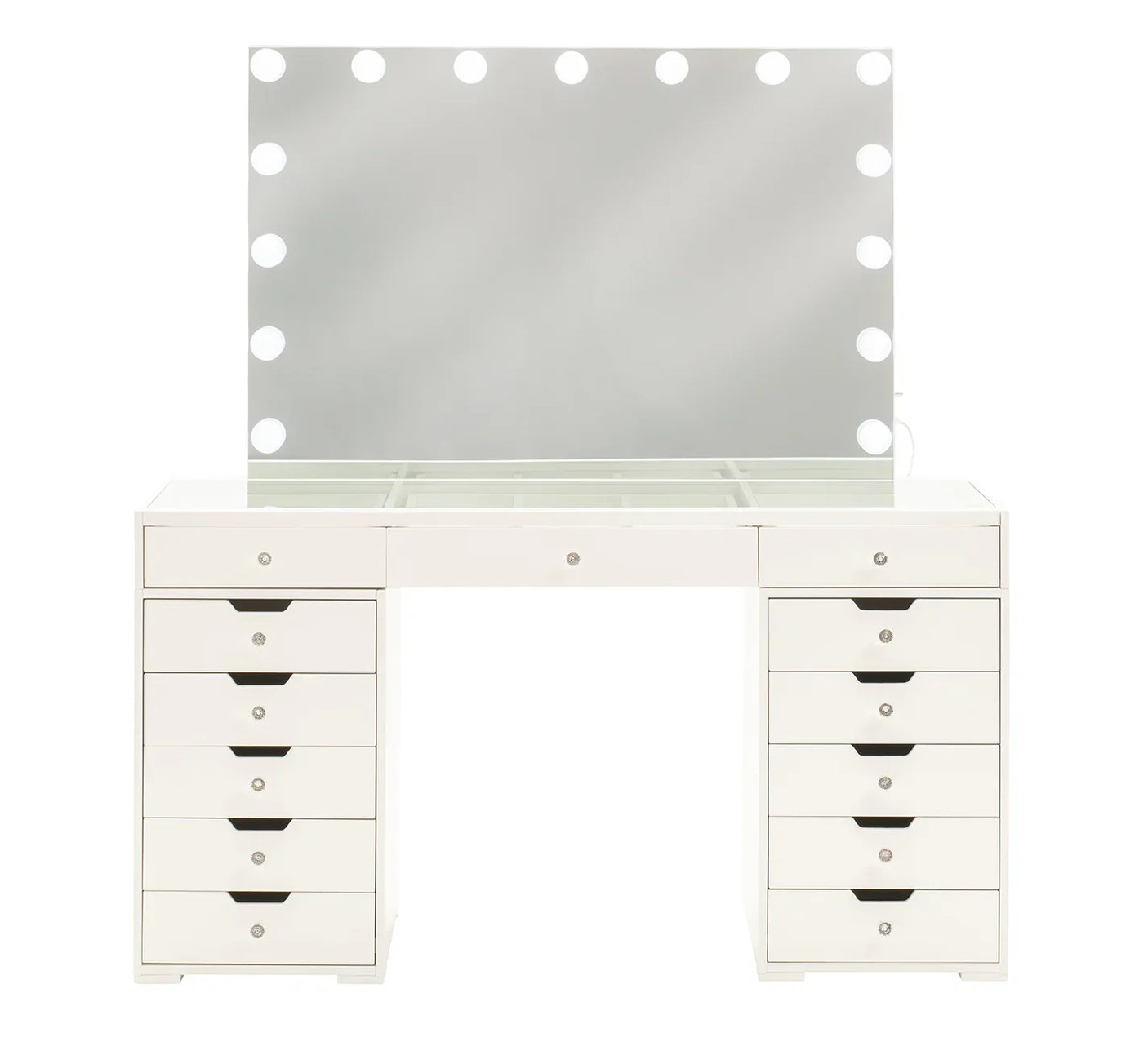 White dressing table with large mirror and built-in LED lights, twelve drawer storage