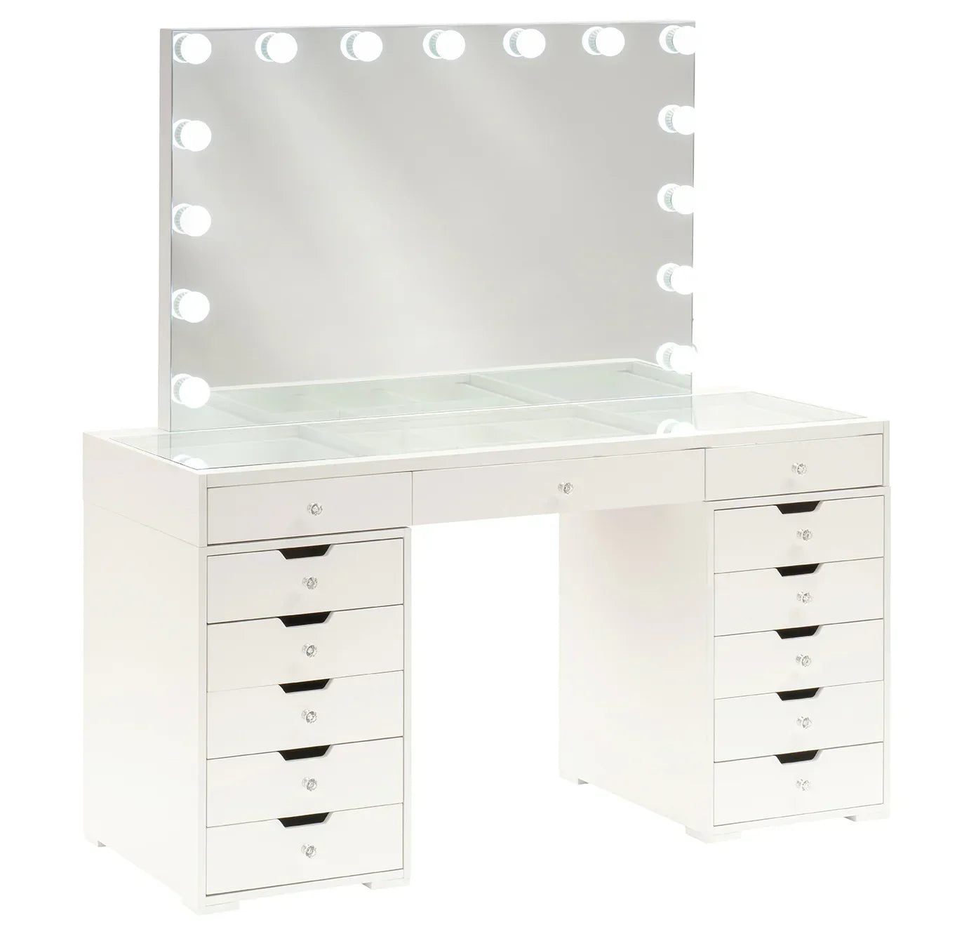 White dressing table with illuminated mirror and multiple drawers for makeup storage