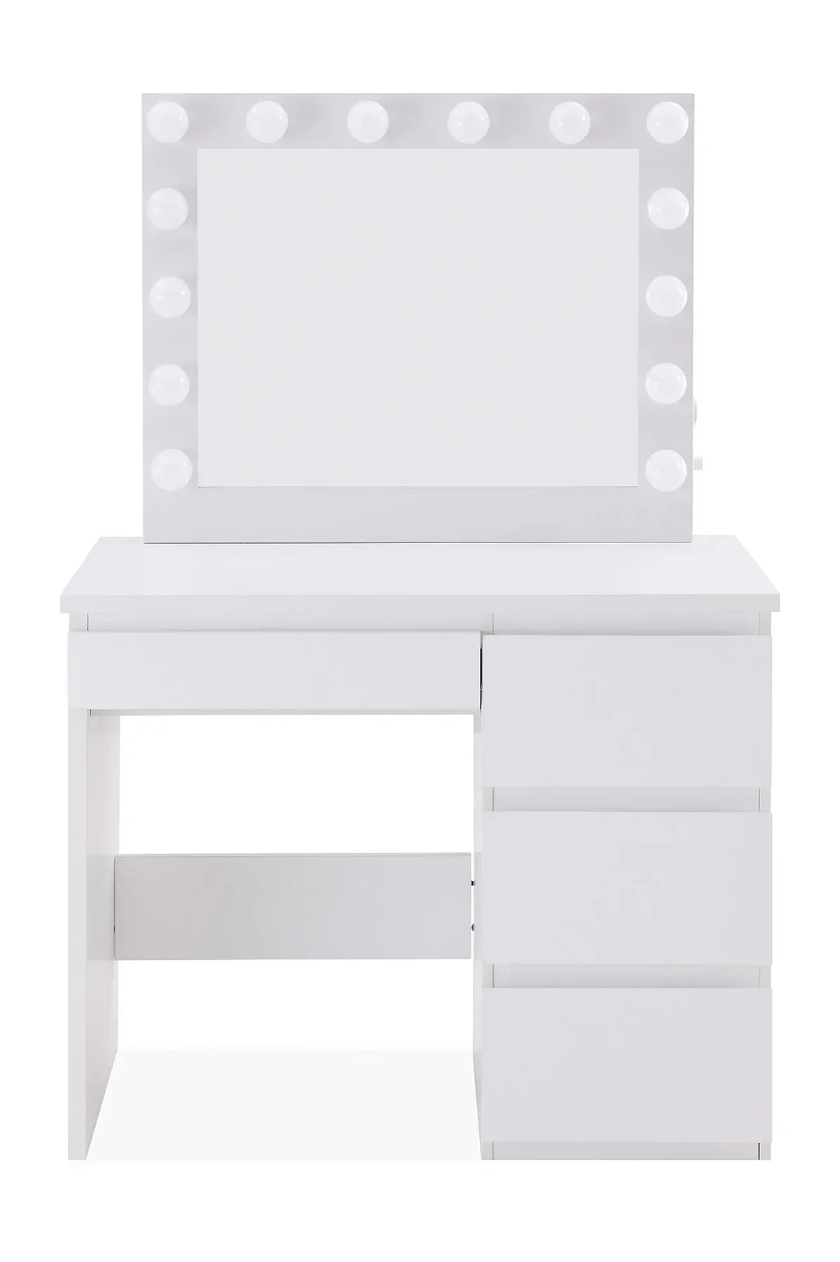 White dressing table with drawers and large rectangular LED mirror
