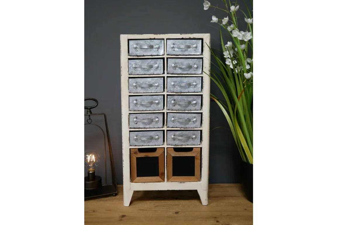 Vintage storage cabinet with metal drawers and two open wooden compartments