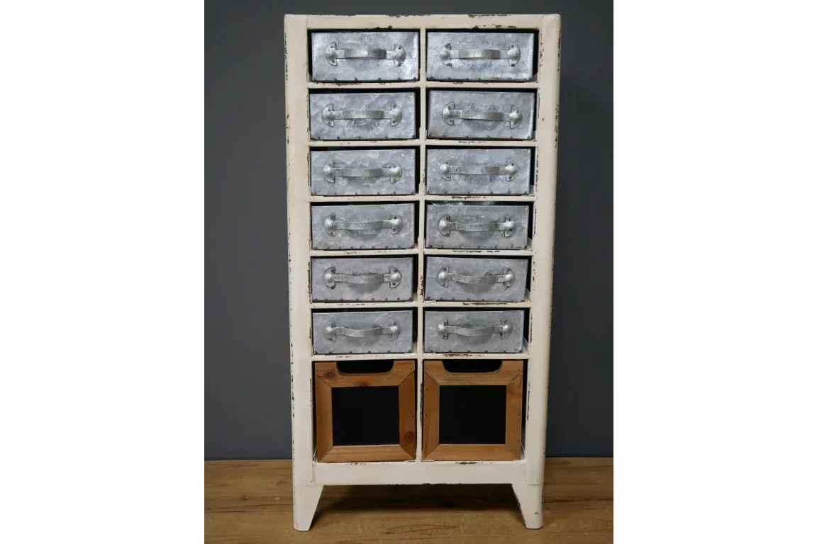 Tall storage cabinet with distressed metal drawers and two lower open wooden compartments