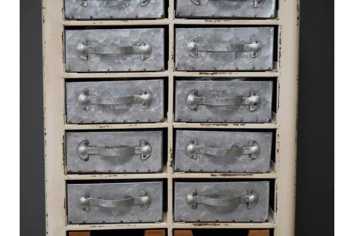 Industrial storage cabinet with metal drawers and vintage cream frame