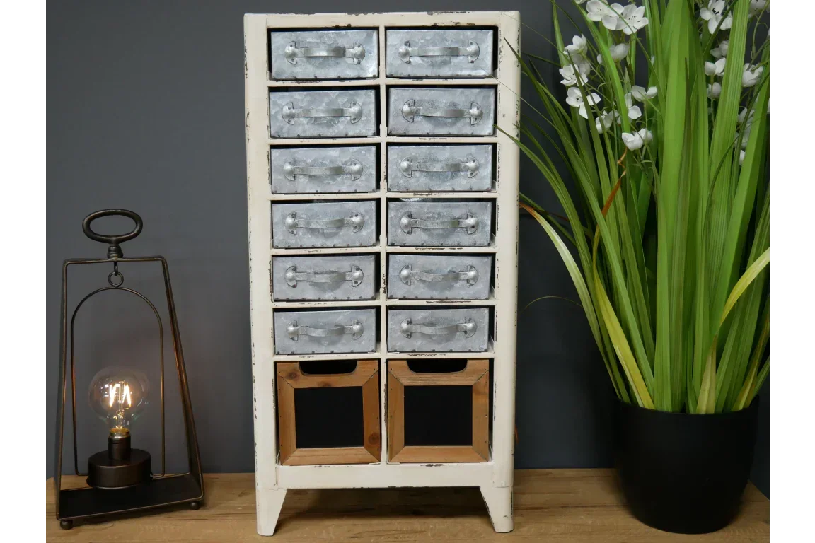 Rustic metal drawer chest with 14 galvanized drawers and two wooden drawers, styled indoors