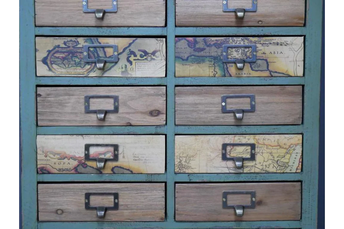 Vintage chest of drawers with map print panels and metal label handles