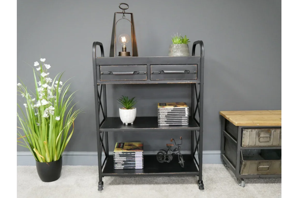 Industrial metal shelving unit with drawers, houseplants, books and decorative lamp