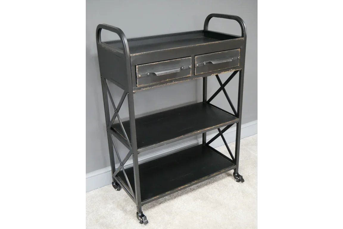 Industrial style black metal sideboard with two drawers and two shelves on castor wheels