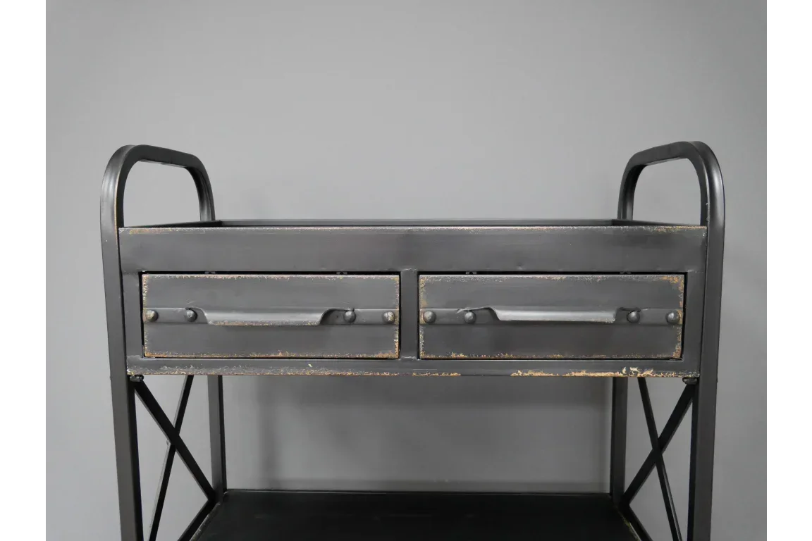 Industrial black metal storage trolley with two drawers and open shelf