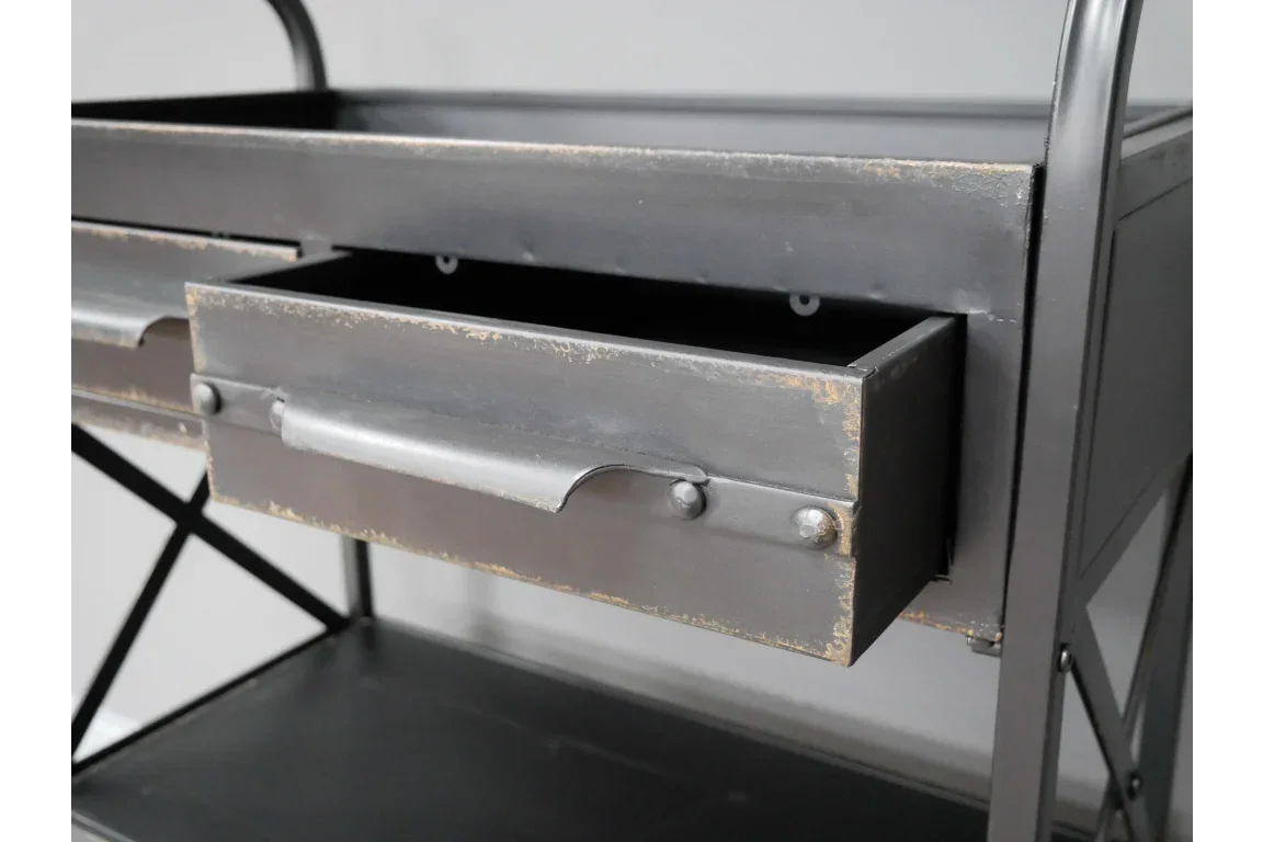 Industrial metal console table with open drawer and distressed finish