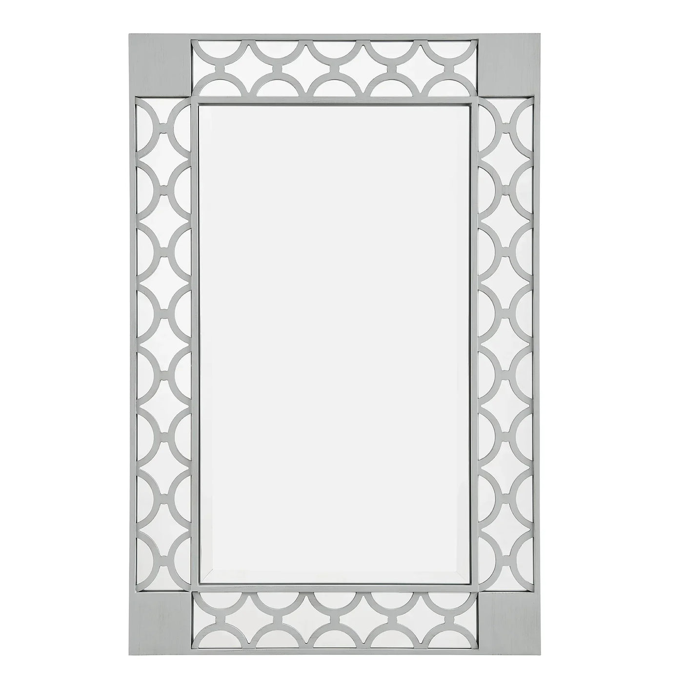 Rectangular wall mirror with geometric silver metal frame and clear glass center